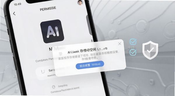 画面展示一部手机屏幕特写,界面为AI Music的权限设置引导页与存储空间提示弹窗,旁边配有简洁的勾选图标与盾牌安全标识,背景为浅灰渐变的科技感空间,整体风格干净直观,突出安装与权限设置主题