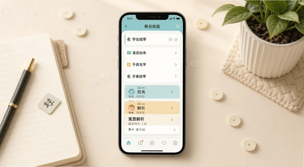 萌名工具箱软件主界面展示,画面中心为手机屏幕,屏幕内呈现中文名字生成结果列表与寓意解析卡片,背景为柔和的浅米色书桌场景,旁边摆放笔记本与绿植,整体风格清新生活化,突出工具类应用的实用感