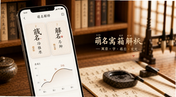 萌名工具箱名字寓意解析页面,画面主体为手机屏幕特写,屏幕显示汉字释义卡片与声调曲线示意,背景为暖色调书架与文房四宝元素,风格文雅安静,体现文化工具属性