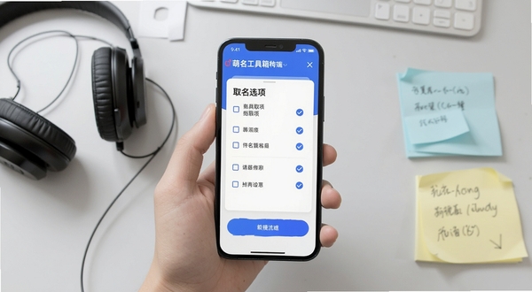 萌名工具箱移动端操作示意图,画面为手持手机展示取名选项勾选界面,背景为简洁的浅灰色工作台,旁边放置耳机与便签纸,风格现代轻快,突出移动端便捷操作