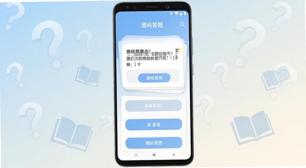 画面中央为一部竖屏安卓手机,屏幕显示题屿答题界面,题目卡片与选项按钮层次分明,背景为浅蓝到米白的柔和渐变,四周漂浮半透明的问号图标与书本剪影,整体风格清爽扁平,构图为居中对称,突出应用主界面全貌