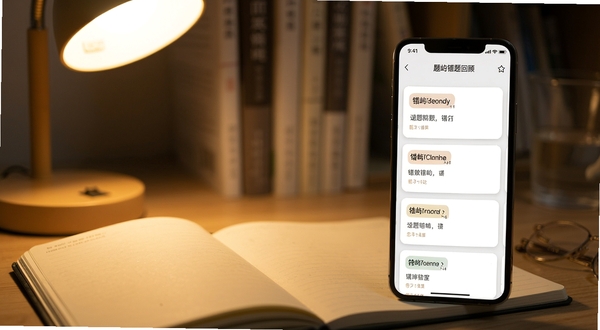 书桌上一本摊开的笔记本旁放置手机,手机屏幕呈现题屿错题回顾列表,页面以卡片形式排列题目条目,暖色台灯光线从左侧打来,背景虚化处理,画面安静专注,突出错题整理场景