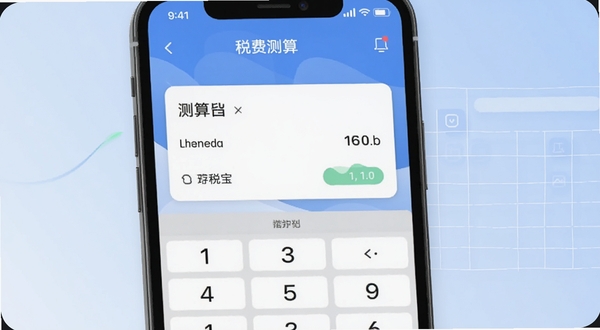 软件名称游税宝的税费测算界面特写,手机屏幕显示数字键盘与测算结果卡片,背景为淡蓝色渐变,画面右侧有抽象的表格线条装饰,整体干净清爽,突出数据感与工具属性