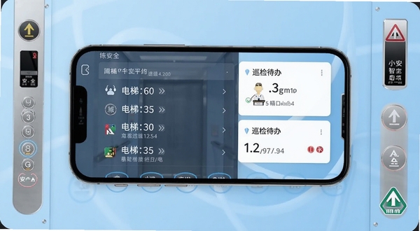 小安智能电梯助手软件主界面全貌展示,手机屏幕居中显示电梯档案列表与巡检待办卡片,背景为浅蓝色渐变,周围环绕电梯楼层按钮与安全标识元素,画面干净整洁,适配Boogu模型生成