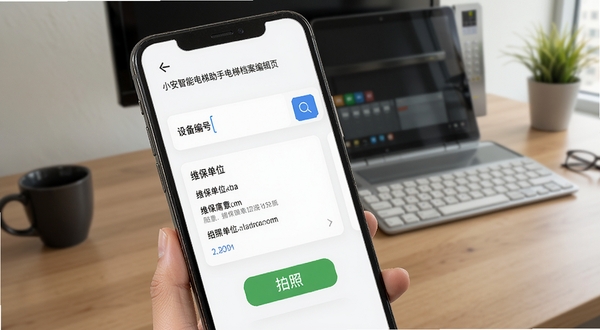 小安智能电梯助手电梯档案编辑页面,手机屏幕显示设备编号输入框与维保单位信息卡片,旁边有拍照上传按钮,背景为办公桌场景,画面风格简洁专业