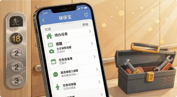 梯保宝手机应用界面特写,屏幕显示待办任务列表与日历提醒,旁边有电梯楼层按钮和工具箱元素,背景为柔和暖色调,商务插画风格,突出任务调度与提醒功能