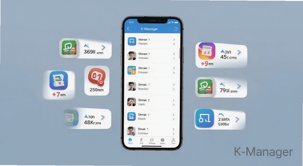 K-Manager应用管理界面展示图,手机屏幕呈现应用列表与存储占用排序视图,旁边悬浮若干应用图标与存储容量标识,浅蓝灰背景,画面干净利落,带软件名称K-Manager字样