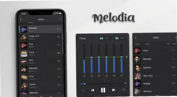 Melodia音乐播放器功能展示图,画面左侧为手机界面中的歌曲列表与文件夹分类,右侧为均衡器调节面板与播放列表管理界面,背景为浅灰渐变,突出软件名称Melodia,整体风格干净利落,细节清晰