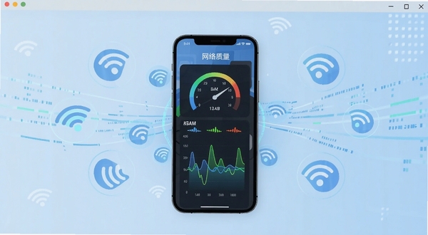 弱网管家软件主界面全貌展示,画面中央是手机屏幕中的网络质量仪表盘与信号波形图,背景为简洁的浅蓝色科技感渐变空间,四周点缀WiFi信号图标与数据流动线条,整体风格清爽现代,适配Boogu模型生成