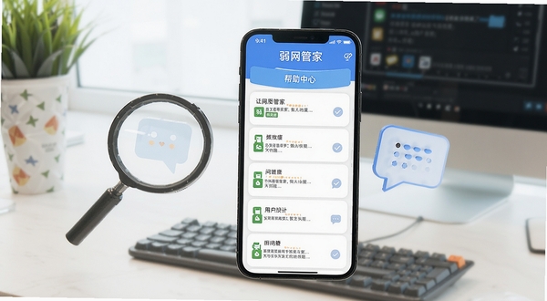 弱网管家用户问答场景示意图,画面展示手机屏幕中的帮助中心与问答列表界面,旁边有放大镜与对话气泡元素,背景为明亮的浅色办公桌面