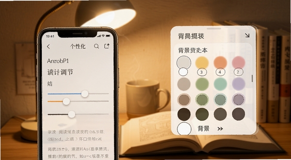 Ranobe阅读界面个性化设置展示图,手机屏幕呈现字体调节滑块与背景色选择面板,背景为柔和暖光阅读角场景,包含台灯与书本元素,风格温馨细腻