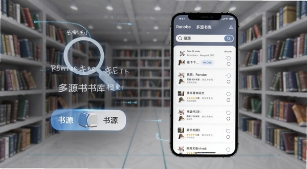 Ranobe多源书库检索功能展示图,画面中央为手机屏幕显示搜索结果列表,背景为虚拟图书馆书架场景,包含放大镜图标与书源切换按钮细节,风格简洁科技感