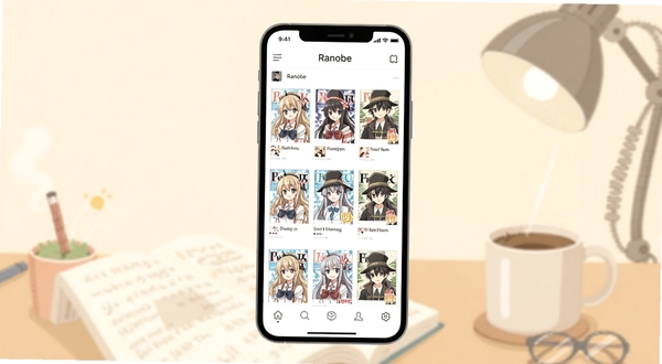 软件Ranobe整体界面概览图,居中展示手机屏幕中的书架页面,背景为浅米色阅读氛围场景,画面包含轻小说封面排列与简洁导航栏,风格清爽扁平化
