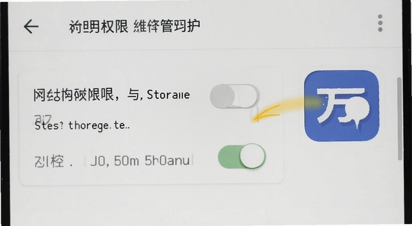 安卓手机设置界面中应用权限管理页面,显示网络与存储权限开关,旁边有小万应用图标;画面风格为教程示意,干净整洁,重点突出权限设置步骤