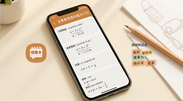 坚果数学高中版分层练习界面展示图,画面中手机屏幕显示三道难度递进的数学题目与解析区域,旁边有错题本图标和知识点标签,背景为柔和米白色书桌场景,配有铅笔与草稿纸元素,整体色调温暖明亮