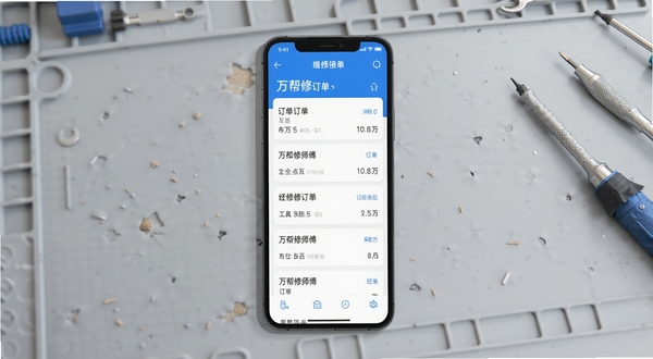 万帮修师傅 安卓手机 维修接单界面 工具类应用 简洁蓝色调 手机屏幕展示订单列表 背景为浅灰工作台 俯视视角 高清产品展示图