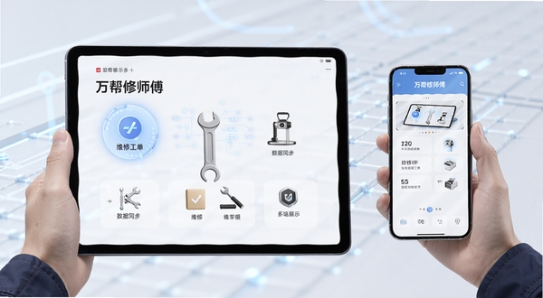 万帮修师傅 平板与手机 数据同步 维修工单 多端展示 科技感浅色背景 产品功能示意图