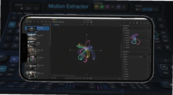 软件Motion Extractor主界面全貌展示,手机屏幕中央呈现视频运动轨迹提取分析工作区,左侧为视频素材列表,右侧为轨迹数据面板,背景为深色科技感操作台,画面主体坐标位于中央偏上区域,背景区域虚化处理,适配Boogu模型生成