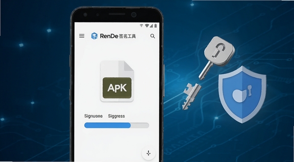 RenDe APK 签名工具,画面主体居中偏左为一台竖屏安卓手机,屏幕显示签名进度条与APK文件图标,背景为深蓝科技渐变,右侧悬浮钥匙与盾牌元素,整体扁平化UI风格,高清细节,16:9横版构图