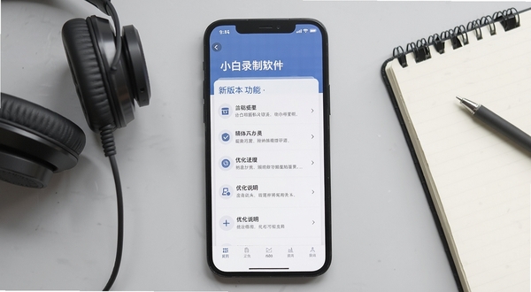 小白录制软件版本更新界面截图,展示新版本功能列表与优化说明,画面以手机屏幕形式呈现,背景为浅灰色工作台面,旁边放置耳机与记事本,整体风格干净利落,体现软件持续迭代的可靠形象