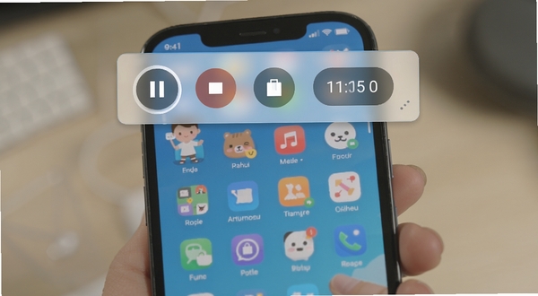 小白录制悬浮窗控制功能示意图,手机屏幕上方悬浮着半透明的录制控制条,包含暂停、停止、计时等按钮,背景是正在操作的手机应用界面,整体画面简洁明了,体现便捷操作的特点