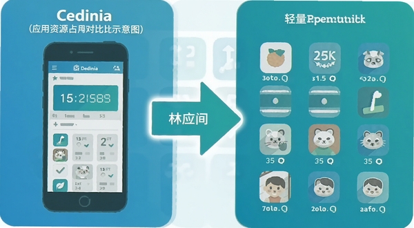Cedinia 应用资源占用对比示意图,画面左侧为手机存储空间示意图,右侧显示轻量应用图标,中间用箭头连接,整体采用扁平化信息图风格,色调以蓝绿为主