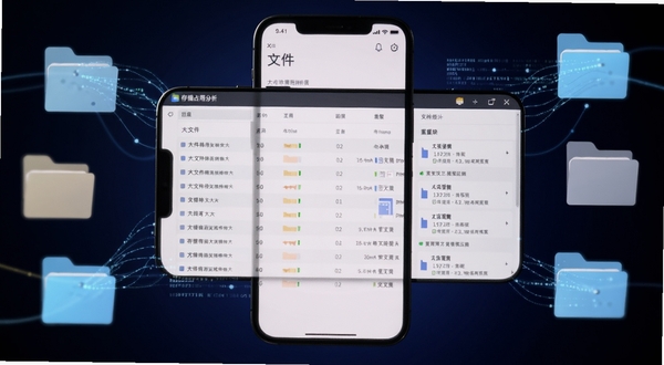 存储占用分析软件界面特写,展示大文件排序列表与重复文件识别结果,手机屏幕发出柔和光芒,背景为深色渐变,画面主体居中,四周环绕抽象的文件夹图标与数据流线条,科技感十足