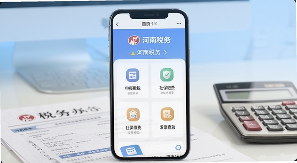 画面主体为一部竖屏智能手机居中放置,屏幕内展示河南税务App首页界面,包含申报缴税、社保缴费、发票查验等图标模块,背景为浅蓝色渐变办公场景,桌面摆放税务单据与计算器,整体风格简洁商务,光线明亮柔和,突出移动办税的便捷感