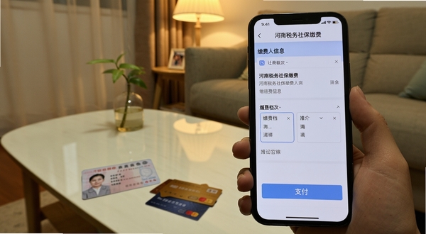 画面主体为手机屏幕特写,显示河南税务社保缴费页面,包含缴费人信息、缴费档次选择与支付按钮,背景为居家客厅环境,茶几上放着身份证与银行卡,暖色调灯光,体现家庭代缴场景,风格写实自然