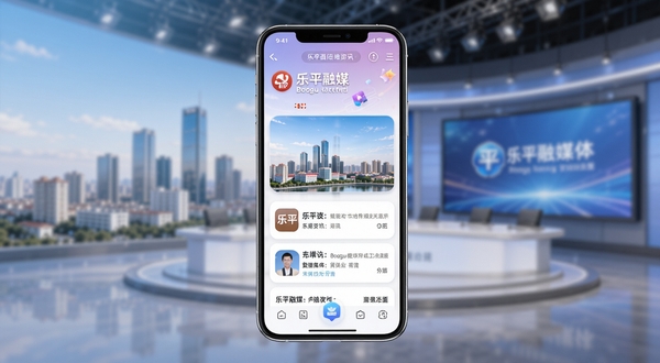 乐平融媒应用主界面全景展示,手机屏幕居中放置于画面视觉中心,背景为乐平城市天际线与融媒体演播厅虚化融合,画面明亮清新,突出本地资讯平台定位,适合Boogu模型生成