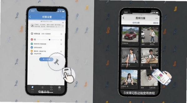 Sgallery移动端使用教程步骤示意图展示权限设置与图库扫描界面
