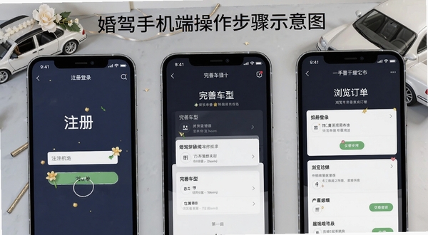 婚驾手机端操作步骤示意图,画面为三部手机并排展示注册登录、完善车型、浏览订单三个界面,背景为浅灰色工作台与婚车装饰元素,风格教程清晰