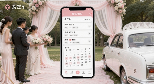 婚驾婚车接单软件主界面展示,画面中央为手机屏幕,屏幕内显示婚车订单列表与日历档期,背景为浅粉色婚礼场景与白色婚车装饰,整体风格清新简约,突出婚驾品牌标识