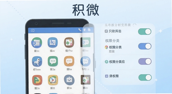 积微应用管理界面展示安卓手机应用列表与权限分类的扁平化插画,软件名称积微置于画面上方,主体为手机屏幕内排列整齐的应用图标与权限开关,背景为浅蓝色渐变,风格清爽简洁