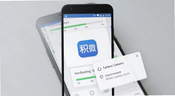 积微软件安装步骤示意图,画面为安卓手机屏幕展示安装进度条与权限确认弹窗,积微图标位于屏幕中央,背景为柔和浅灰色,风格写实简洁