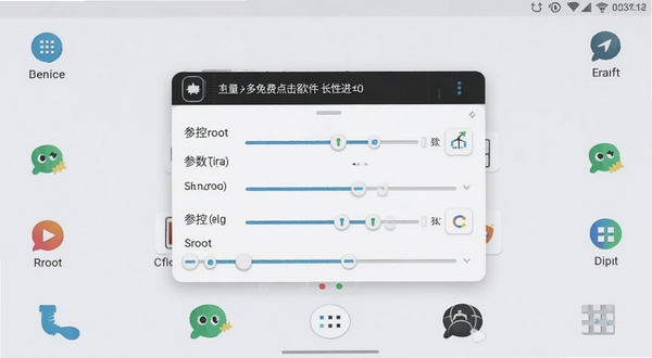 多控免费点击器软件主界面全貌展示,画面中央是悬浮控制面板与参数调节滑块,背景为浅色安卓手机桌面,整体风格清爽简洁,突出免root自动连点工具的轻量感