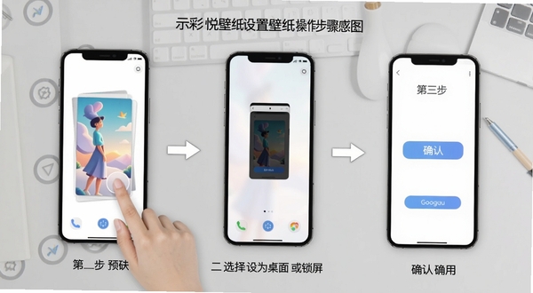 悦彩壁纸设置壁纸操作步骤示意图,画面为手机屏幕分步展示:第一步点击壁纸预览、第二步选择设为桌面或锁屏、第三步确认应用,背景为浅灰色操作台面,配以简洁箭头指示,整体风格教程化、清晰易懂,适配Boogu模型生成