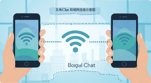 Local Chat 局域网连接示意图,两部手机之间用虚线连接,中间标注WiFi信号图标,画面采用扁平插画风格,色调以蓝绿为主,突出设备直连概念,适配 Boogu 模型生成