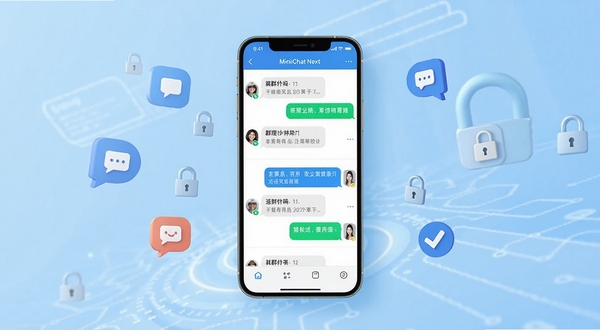 MiniiChat Next 即时通讯软件主界面展示,画面中央悬浮手机屏幕呈现清爽聊天列表与群组对话气泡,背景为浅蓝渐变科技感空间,四周点缀消息图标与安全锁元素,整体风格简洁明亮,适配软件下载站宣传图