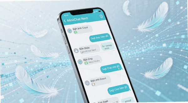 MiniiChat Next 轻量消息引擎概念图,画面主体为一部中端手机屏幕显示流畅滚动的聊天记录,背景是半透明的数据流线条与羽毛元素象征轻盈,配色以白与青蓝为主,突出低占用与流畅体验