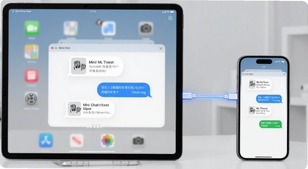 MiniiChat Next 多端同步场景图,画面左侧为平板右侧为手机,两块屏幕之间用发光数据线连接并显示同步中的文件与消息气泡,背景为柔和灰白工作室环境,体现跨设备协作