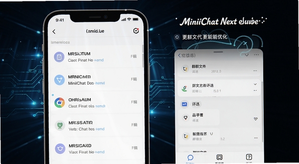 MiniiChat Next 版本更新功能展示图,画面为手机屏幕呈现更新日志列表与群文件筛选界面,背景为深色科技风格配蓝色光效,突出版本迭代与功能优化