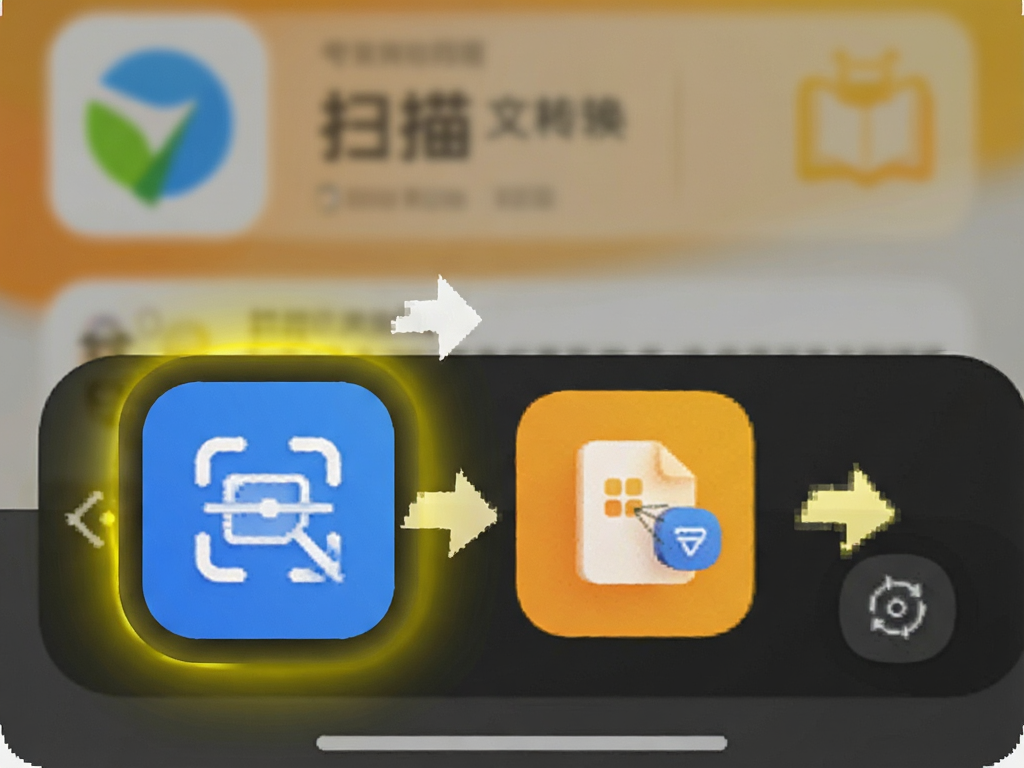夸克浏览器底部工具栏展开视图,高亮显示扫描和文档转换图标,旁边有简单的操作指引箭头,色彩鲜艳醒目