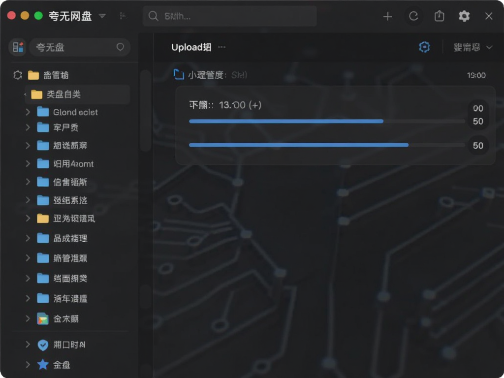 夸克网盘文件管理界面截图,展示文件夹分类列表和正在进行的上传进度条,背景为深色模式,体现科技感和专业性