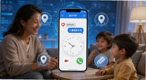 迪沃守护 儿童智能手表管理软件 手机端主界面展示 家长与孩子沟通场景 温馨家庭氛围 蓝色科技感背景 画面中心为手机屏幕显示守护界面 四周环绕定位图标与通话气泡 高清写实风格