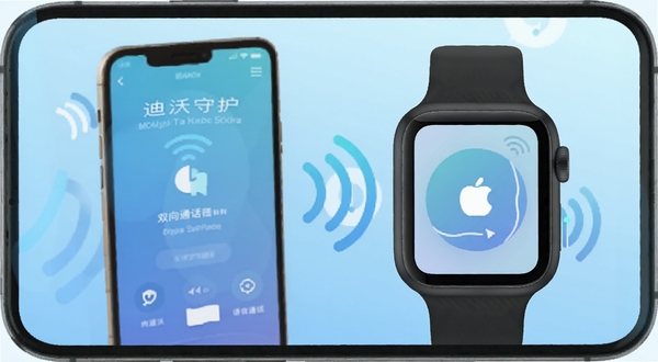 迪沃守护 双向通话功能界面 手机与智能手表之间的语音连接 信号波纹图形 浅蓝色渐变背景 简洁扁平化插画风格 突出沟通便捷性