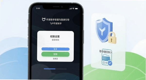飞卢作家助手安装与登录引导页面示意,手机屏幕显示账号登录框与权限设置提示,画面配有盾牌安全图标与存储空间示意元素,风格简洁明快,适配Boogu模型生成