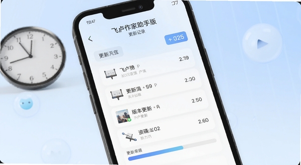 飞卢作家助手版本更新记录页面示意,手机屏幕显示更新日志列表与版本号标签,画面配有时钟与进度条元素,背景为淡蓝色渐变,风格现代简约,适配Boogu模型生成