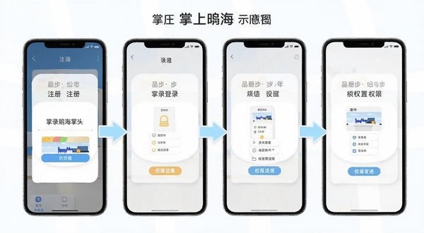 掌上瓯海使用教程示意图,画面为手机界面分步展示注册登录与权限设置流程,步骤卡片横向排列,配浅色箭头引导,整体风格简洁教学化