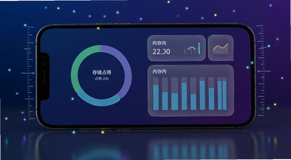 危化杀手设备状态监测界面特写,手机屏幕中央显示环形存储占用图与内存柱状条,数据卡片呈半透明磨砂质感,背景为深蓝到靛紫的渐变空间,四周悬浮细小的数据光点与刻度线,画面下方有柔和的反光倒影,整体呈现清晰的数据可视化风格